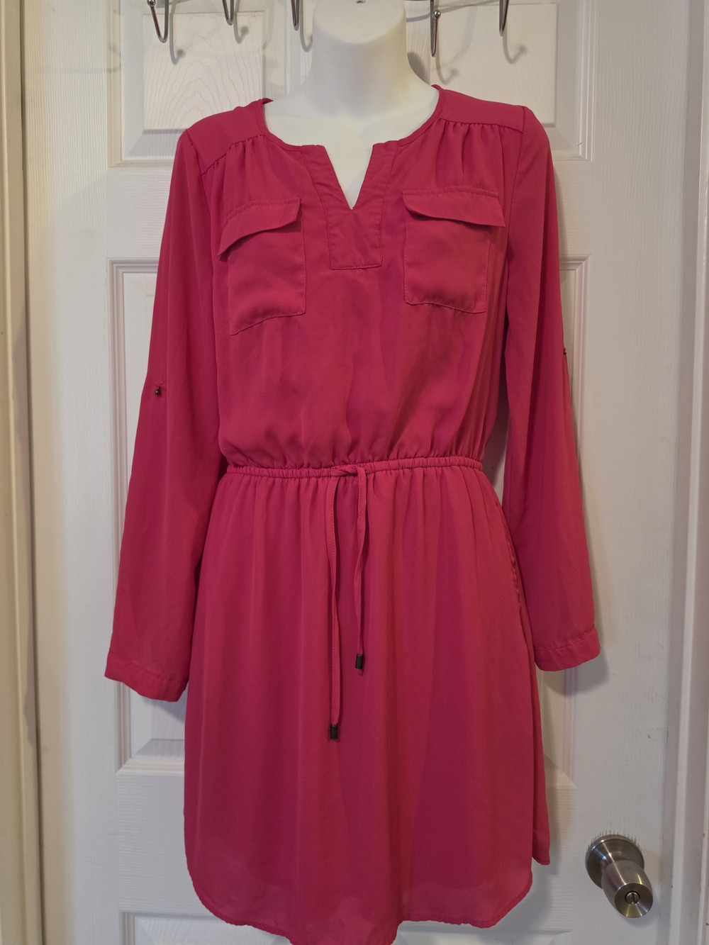 DR2 Fuchsia Long-Sleeve Drawstring Waist Dress Size Small